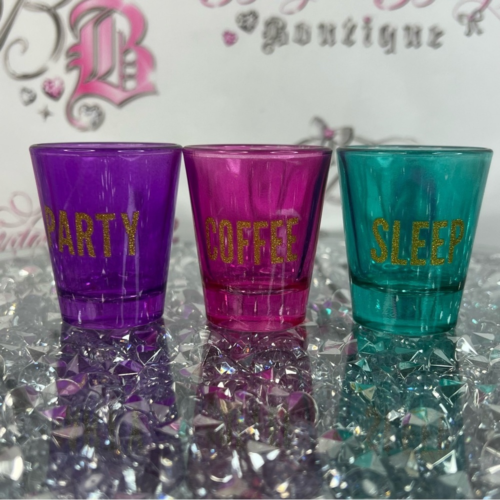 Set of 3 Colorful Shot Glasses - Purple, Pink, Teal with Gold Lettering